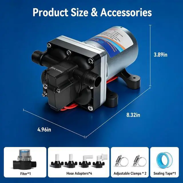 Alt view image 3 of 7 - 12V RV Water Pump 4.0 GPM - 55 PSI Self-Priming & Quiet Diaphragm Pump with Adjustable Pressure Switch & Strainer for RV,Marine,Camper,Boat,Garden(Run-Dry Safe)