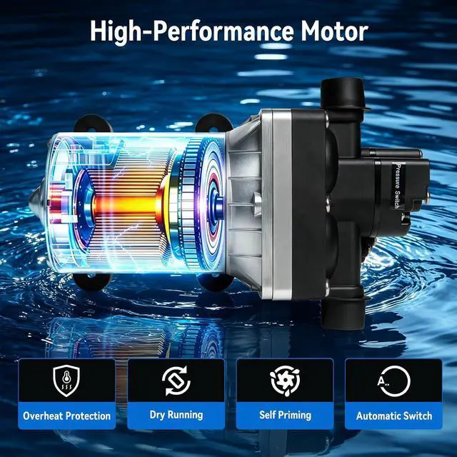 Alt view image 5 of 7 - 12V RV Water Pump 4.0 GPM - 55 PSI Self-Priming & Quiet Diaphragm Pump with Adjustable Pressure Switch & Strainer for RV,Marine,Camper,Boat,Garden(Run-Dry Safe)