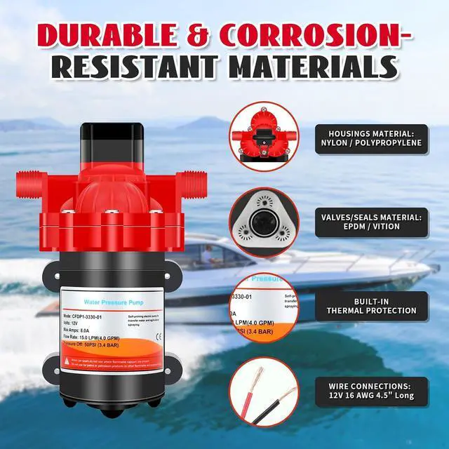 Alt view image 4 of 7 - RV Fresh Water Diaphragm Pump 12 Volt DC 4.0 GPM 50PSI, On Demand Self-priming Industrial Fresh Water Pressure Pump for Irrigation Boat Sprinkler Faucet Caranvan Marine Camper Sprayer