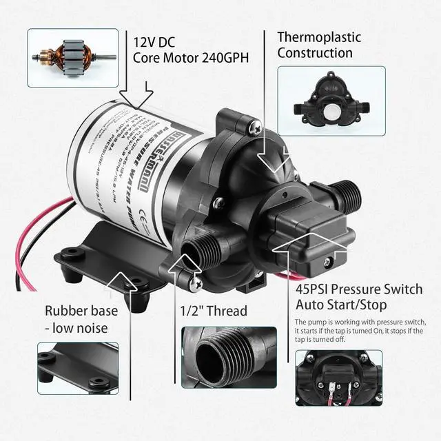 Alt view image 5 of 7 - RV Pump, 12V Self-priming RV Water Pressure Pump 4.0GPM 45PSI with Pressure Switch, for RV Marine Camping Yacht Garden, 12Volt DC Fresh Water Pumps RV Water Pump 2088-554-144 Replacement