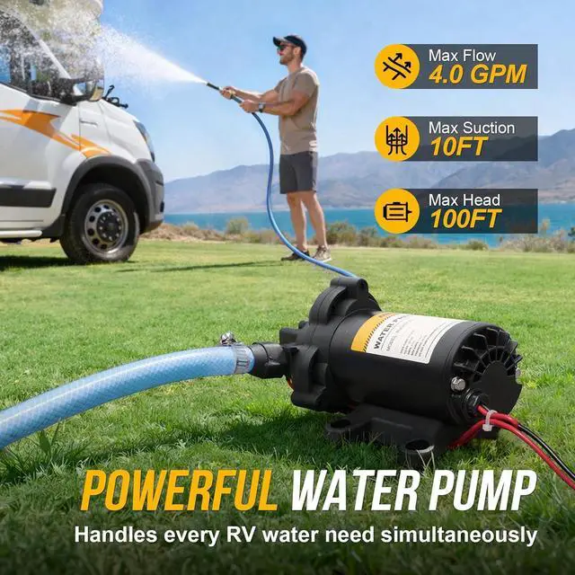 Alt view image 5 of 7 - 12V RV Water Pump, 4.0 GPM 45 PSI Diaphragm Pump, 12Volt Quiet Fresh Water Pump with Pressure Switch, Self Priming Pressure Pumps for RV Camper Boat Marine Food Truck