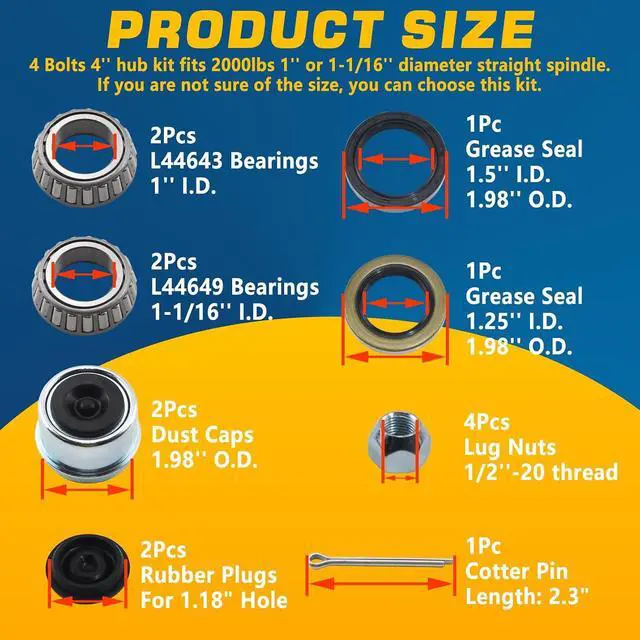 Alt view image 2 of 7 - 4 on 4'' Trailer Hub Kit for 2000 lb 1" or 1-1/16" Straight Axle
