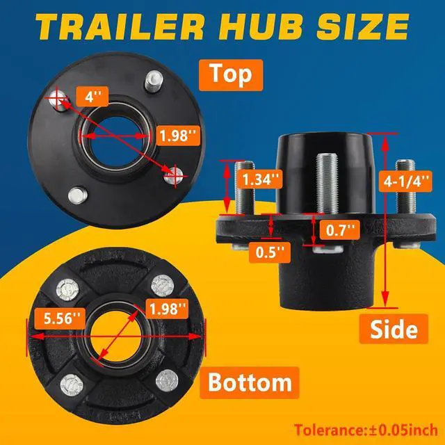 Alt view image 3 of 7 - 4 on 4'' Trailer Hub Kit for 2000 lb 1" or 1-1/16" Straight Axle