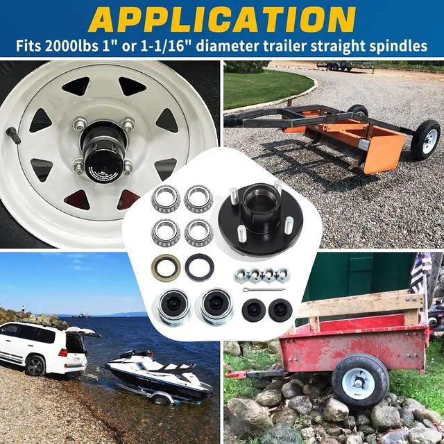 Alt view image 7 of 7 - 4 on 4'' Trailer Hub Kit for 2000 lb 1" or 1-1/16" Straight Axle