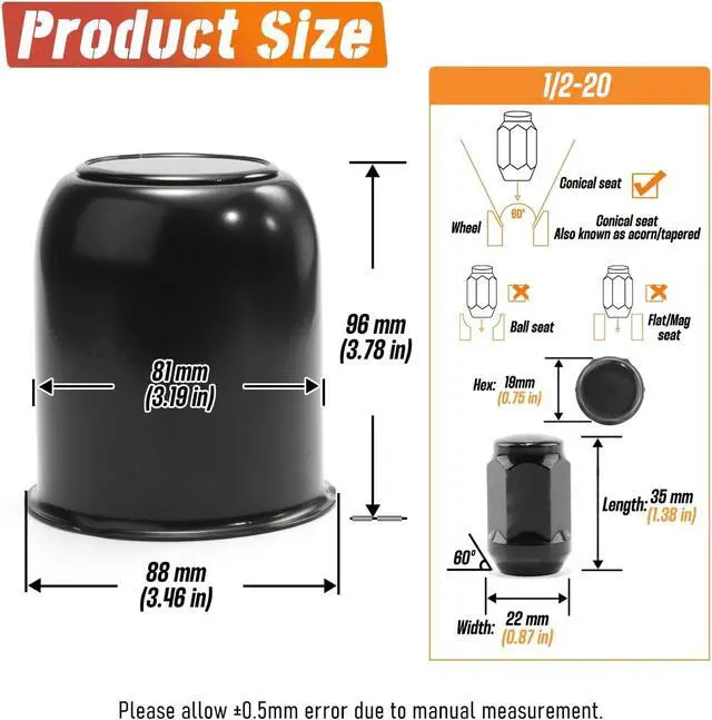 Alt view image 3 of 7 - 2-Pack Trailer Push Through Center Caps and Trailer Wheel Lug Sets - 3.19in Wheel Center Caps High Gloss Black Wheel Cover Carbon Steel Hub Cap with 12 Black Capped 1/2-20 Lug Nuts for Truck RV