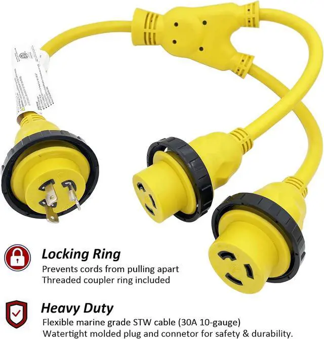 Alt view image 3 of 5 - Marine Shore Power Cord Splitter STW 30A Male Plug L5-30P to (2X) L5-30R Dual 30A Female 125V Shore Power Cord Y Adapter 3 Feet