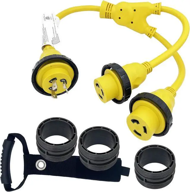 Alt view image 5 of 5 - Marine Shore Power Cord Splitter STW 30A Male Plug L5-30P to (2X) L5-30R Dual 30A Female 125V Shore Power Cord Y Adapter 3 Feet