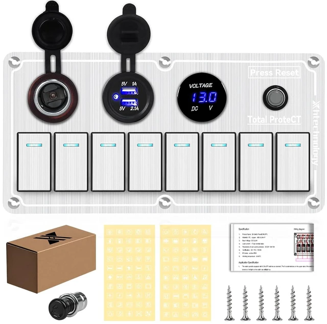 Main image of Marine Boat Rocker Switch Panel, Waterproof Aluminum 8-Gang Toggle Panel with Dual USB & Voltmeter for RVs, Cars, Boats, Trucks, Trailers - 12-24V (Silver, 8 Gang)