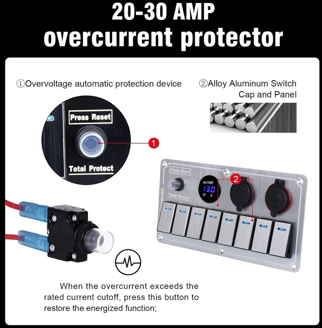Alt view image 2 of 7 - Marine Boat Rocker Switch Panel, Waterproof Aluminum 8-Gang Toggle Panel with Dual USB & Voltmeter for RVs, Cars, Boats, Trucks, Trailers - 12-24V (Silver, 8 Gang)