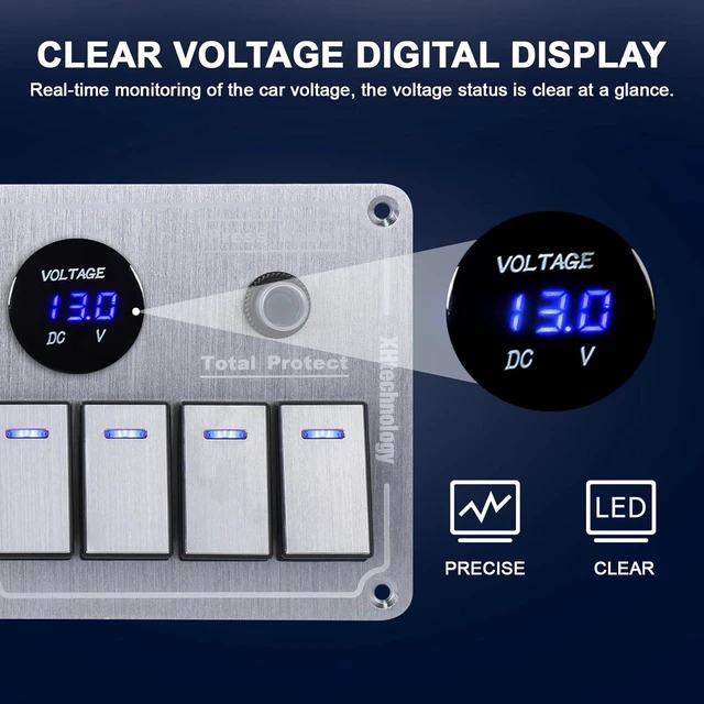 Alt view image 4 of 7 - Marine Boat Rocker Switch Panel, Waterproof Aluminum 8-Gang Toggle Panel with Dual USB & Voltmeter for RVs, Cars, Boats, Trucks, Trailers - 12-24V (Silver, 8 Gang)