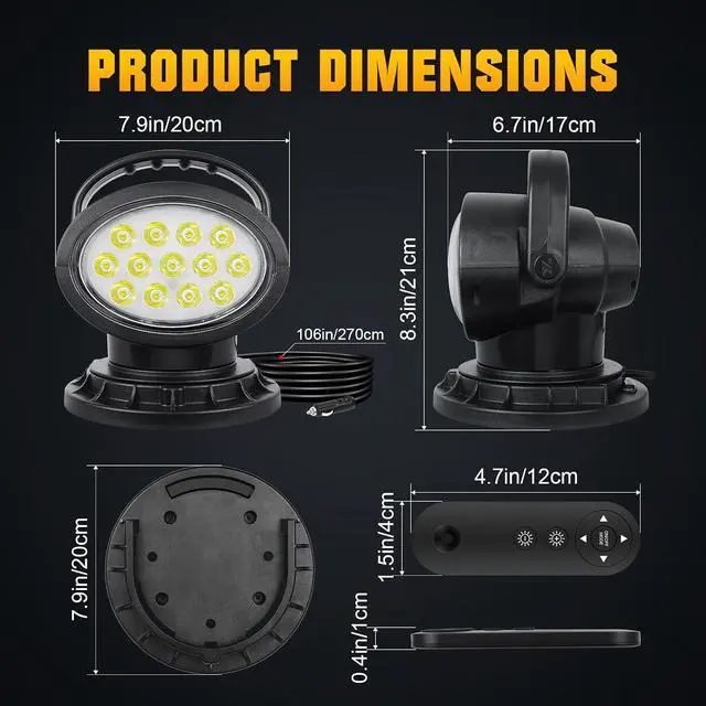 Alt view image 2 of 7 - 39W Strobe Led Search Lights, 360º Rotate Remote Control Spotlight, 12V 24V Work Light, Portable Magnetic Base Fog Lamps for Car Offroad Truck Boat 4x4 Security Emergency Lighting