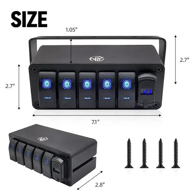 Alt view image 6 of 7 - 5 Gang Rocker Switch Box Aluminum 12v Switch Panel SPST ON Off Switch PD Type C and QC 3.0 USB Charger Voltmeter Waterproof Toggle Switch Panel DIY Stickers for Boats Cars RVs Trucks