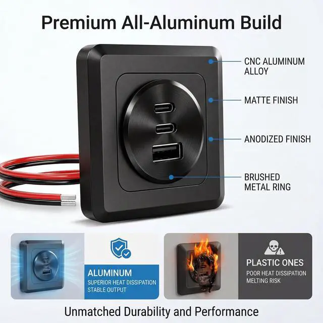 Alt view image 3 of 7 - 4PCS 90W Aluminum Recessed Mount RV USB Outlet, 12V Car Charger