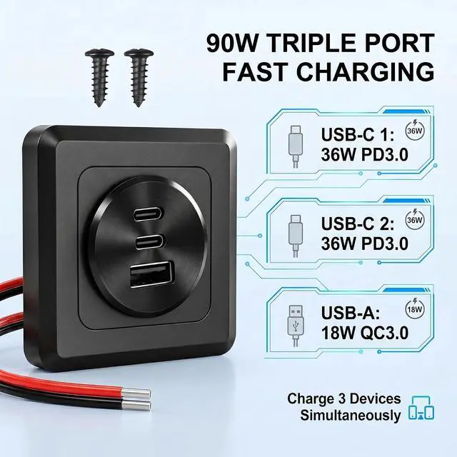 Alt view image 7 of 7 - 4PCS 90W Aluminum Recessed Mount RV USB Outlet, 12V Car Charger