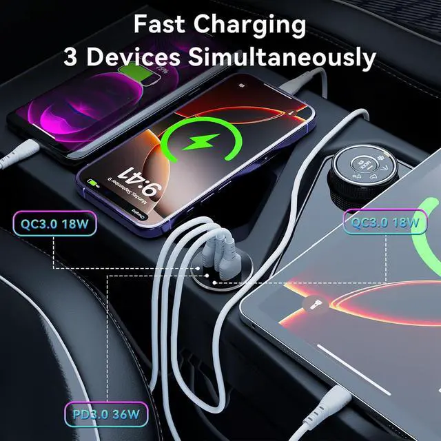 Alt view image 4 of 7 - 4PCS 72W RV USB Outlet All-Aluminum 12V/24V 3 Charging Ports, 36W PD3.0 Type-C+2 18W QC3.0 Fast Charging Socket, Recessed Mount Car Charger Cigarette Lighter Replacement for Camper Trailer Boat