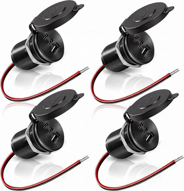 Main image of 4PCS Aluminum Alloy 12V/24V RV USB Outlet 90W 3 Charging Ports, 2 36W PD3.0 Type-C+18W QC3.0 Fast Charging Socket, Waterproof Cover Recessed Mount Car Charger Cigarette Lighter Replacement Boat