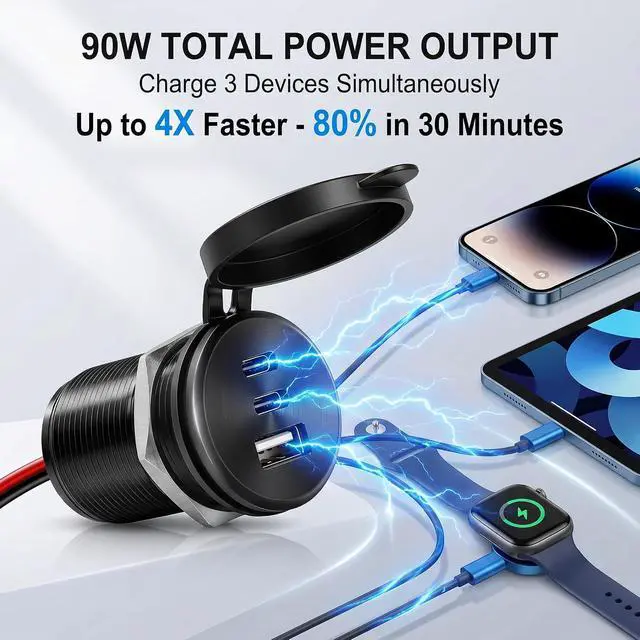 Alt view image 2 of 7 - 4PCS Aluminum Alloy 12V/24V RV USB Outlet 90W 3 Charging Ports, 2 36W PD3.0 Type-C+18W QC3.0 Fast Charging Socket, Waterproof Cover Recessed Mount Car Charger Cigarette Lighter Replacement Boat
