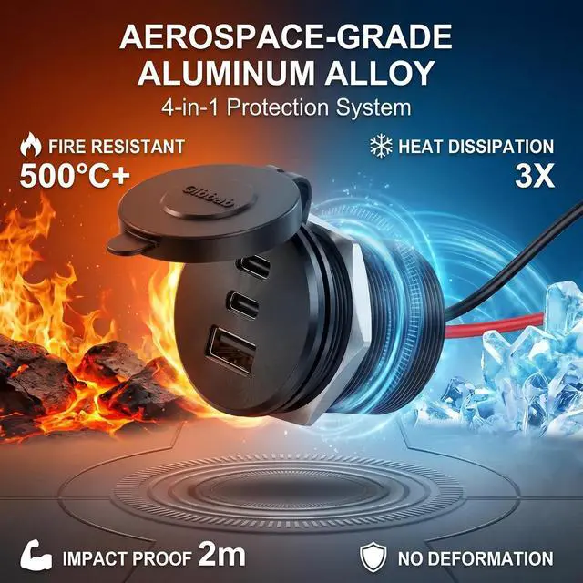 Alt view image 3 of 7 - 4PCS Aluminum Alloy 12V/24V RV USB Outlet 90W 3 Charging Ports, 2 36W PD3.0 Type-C+18W QC3.0 Fast Charging Socket, Waterproof Cover Recessed Mount Car Charger Cigarette Lighter Replacement Boat