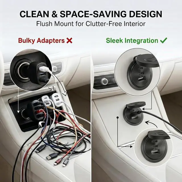 Alt view image 6 of 7 - 4PCS Aluminum Alloy 12V/24V RV USB Outlet 90W 3 Charging Ports, 2 36W PD3.0 Type-C+18W QC3.0 Fast Charging Socket, Waterproof Cover Recessed Mount Car Charger Cigarette Lighter Replacement Boat