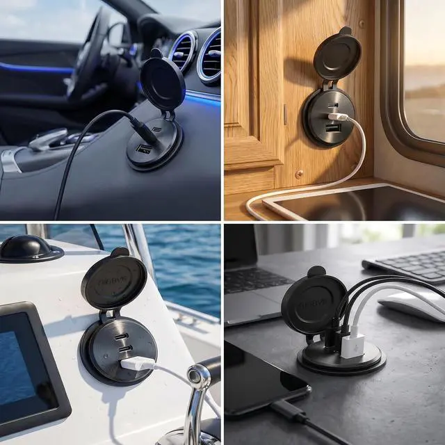 Alt view image 7 of 7 - 4PCS Aluminum Alloy 12V/24V RV USB Outlet 90W 3 Charging Ports, 2 36W PD3.0 Type-C+18W QC3.0 Fast Charging Socket, Waterproof Cover Recessed Mount Car Charger Cigarette Lighter Replacement Boat