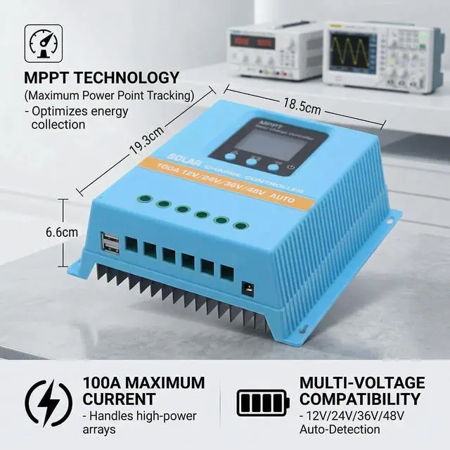 Alt view image 7 of 7 - Solar Charge Controller 100A 12V 24V 36V 48V Intelligent Recognition LCD Display Battery Intelligent Regulator Maximum 100V Input Dual USB for Lead Acid/Lithium Battery (SA100A)