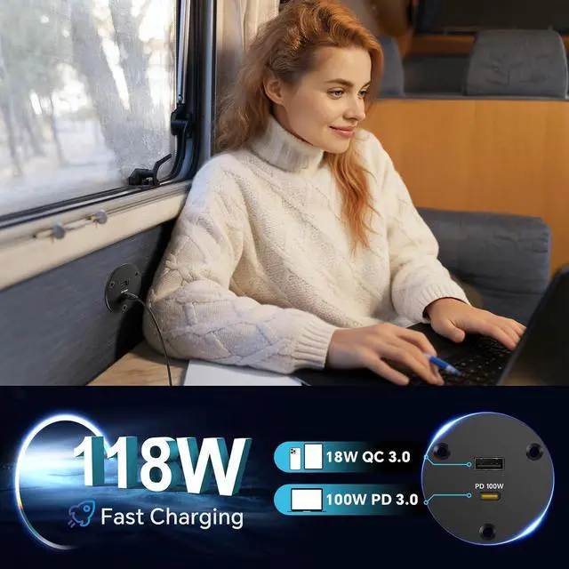 Alt view image 2 of 7 - 118W RV USB Outlet, 100W PD3.0 Type-C Laptop 12V USB C Charger