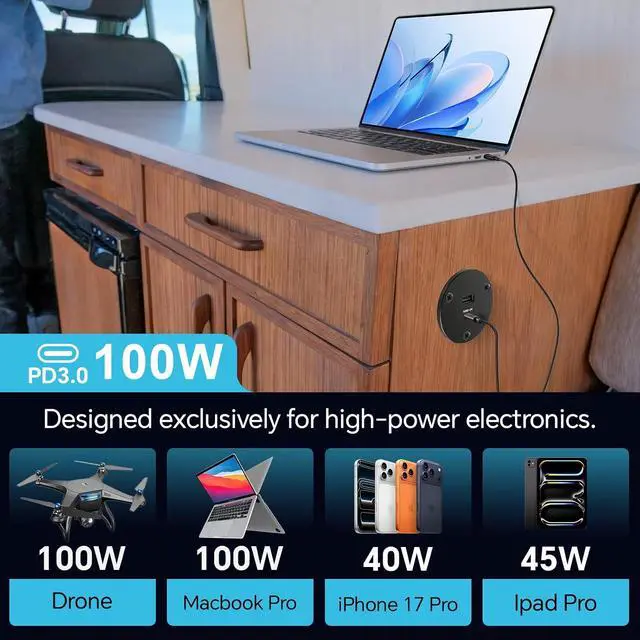 Alt view image 3 of 7 - 118W RV USB Outlet, 100W PD3.0 Type-C Laptop 12V USB C Charger