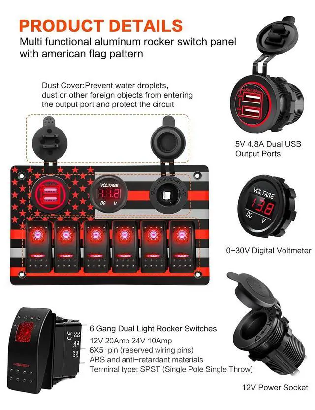 Alt view image 2 of 7 - Aluminum 6 Gang Rocker Switch Panel with American Flag Pattern ON/Off Toggle Switch Dual USB Port Female Power Adapter Socket and Digital Voltmeter for Boat Car RV Vehicles Electrical (Red)