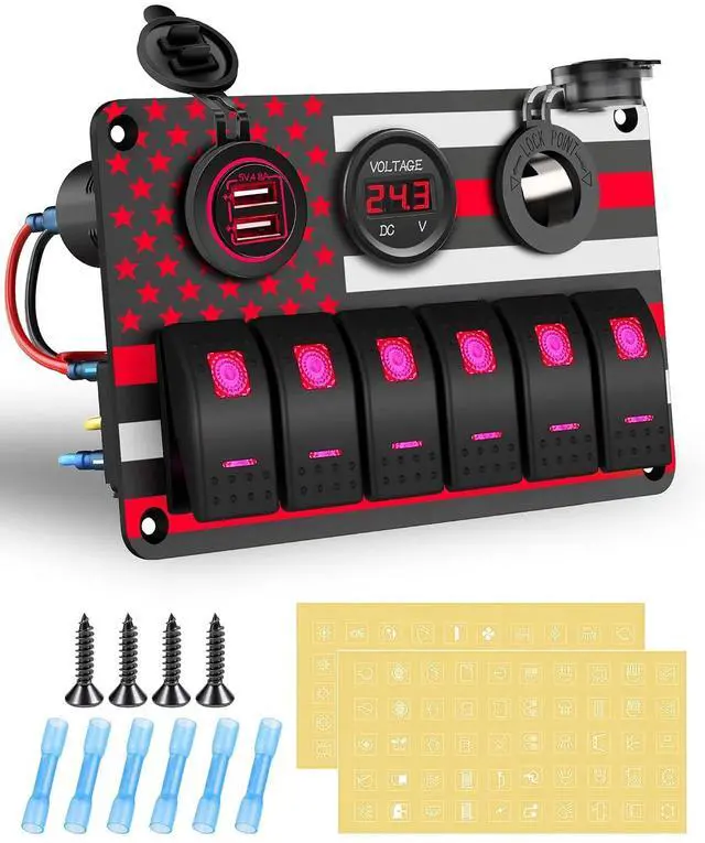 Main image of Aluminum 6 Gang Rocker Switch Panel with American Flag Pattern ON/Off Toggle Switch Dual USB Port Female Power Adapter Socket and Digital Voltmeter for Boat Car RV Vehicles Electrical (Red)