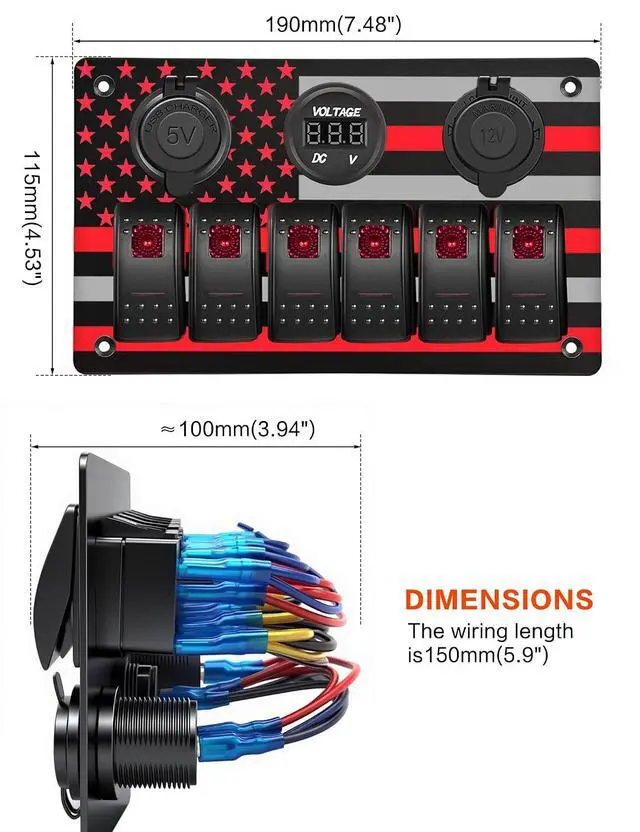 Alt view image 6 of 7 - Aluminum 6 Gang Rocker Switch Panel with American Flag Pattern ON/Off Toggle Switch Dual USB Port Female Power Adapter Socket and Digital Voltmeter for Boat Car RV Vehicles Electrical (Red)