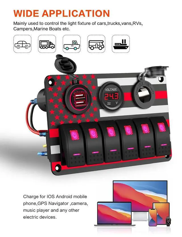 Alt view image 7 of 7 - Aluminum 6 Gang Rocker Switch Panel with American Flag Pattern ON/Off Toggle Switch Dual USB Port Female Power Adapter Socket and Digital Voltmeter for Boat Car RV Vehicles Electrical (Red)