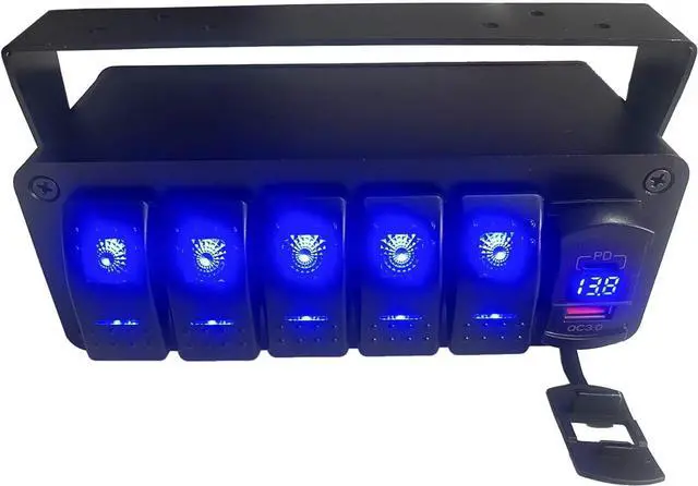Main image of 5 Gang Marine Boat Rocker Switch Box 12V SPST Aluminum Rocker Switch Panel PD Type C and QC 3.0 USB Charger Voltmeter Waterproof Switch with Panel DIY Stickers for RVs Boats Trucks