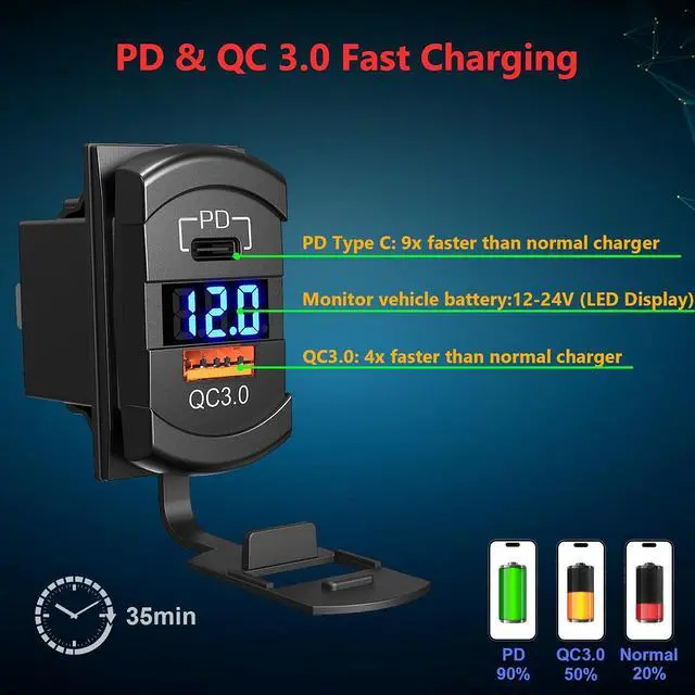 Alt view image 2 of 6 - 5 Gang Marine Boat Rocker Switch Box 12V SPST Aluminum Rocker Switch Panel PD Type C and QC 3.0 USB Charger Voltmeter Waterproof Switch with Panel DIY Stickers for RVs Boats Trucks