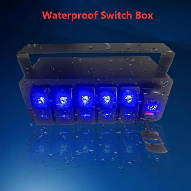 Alt view image 3 of 6 - 5 Gang Marine Boat Rocker Switch Box 12V SPST Aluminum Rocker Switch Panel PD Type C and QC 3.0 USB Charger Voltmeter Waterproof Switch with Panel DIY Stickers for RVs Boats Trucks