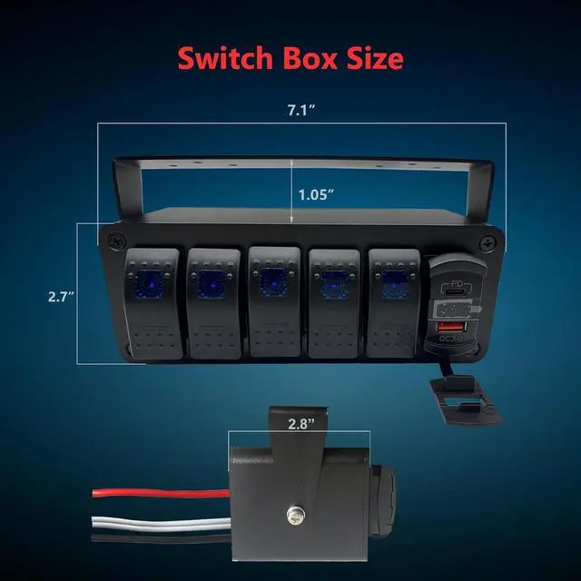 Alt view image 5 of 6 - 5 Gang Marine Boat Rocker Switch Box 12V SPST Aluminum Rocker Switch Panel PD Type C and QC 3.0 USB Charger Voltmeter Waterproof Switch with Panel DIY Stickers for RVs Boats Trucks