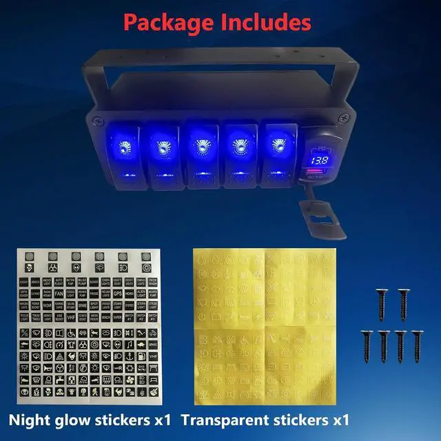 Alt view image 6 of 6 - 5 Gang Marine Boat Rocker Switch Box 12V SPST Aluminum Rocker Switch Panel PD Type C and QC 3.0 USB Charger Voltmeter Waterproof Switch with Panel DIY Stickers for RVs Boats Trucks