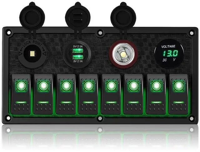 Main image of Marine Switch Panel, 8 Gang Rocker Switch Panel12/24V Toggle Switch Panel with LED Digital Voltmeter 3.1A Dual USB Charger for Automotive Cars Marine Boats RV (Green, 8 Gang)