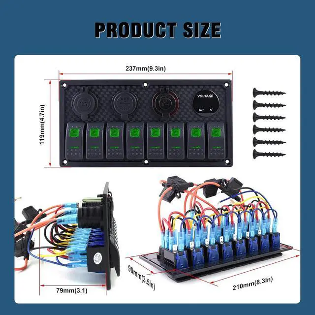 Alt view image 2 of 7 - Marine Switch Panel, 8 Gang Rocker Switch Panel12/24V Toggle Switch Panel with LED Digital Voltmeter 3.1A Dual USB Charger for Automotive Cars Marine Boats RV (Green, 8 Gang)