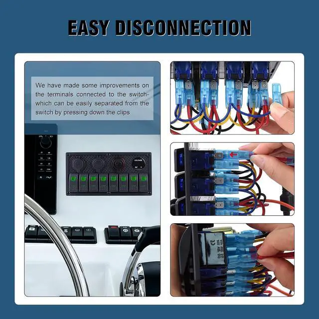 Alt view image 3 of 7 - Marine Switch Panel, 8 Gang Rocker Switch Panel12/24V Toggle Switch Panel with LED Digital Voltmeter 3.1A Dual USB Charger for Automotive Cars Marine Boats RV (Green, 8 Gang)