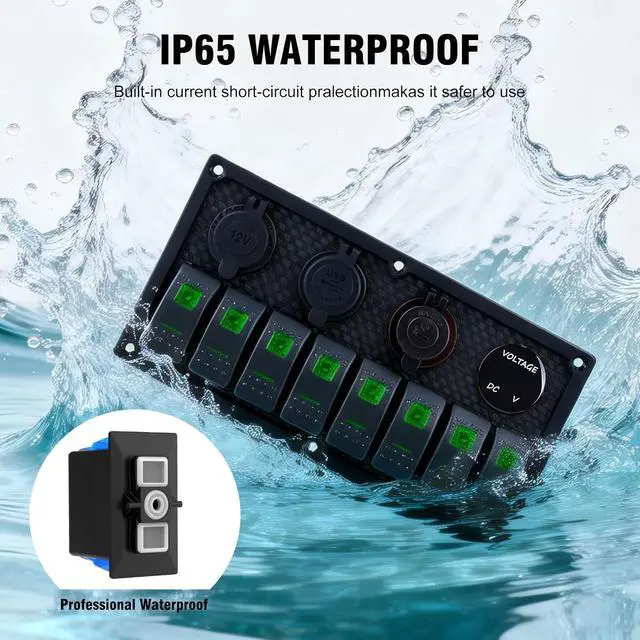 Alt view image 4 of 7 - Marine Switch Panel, 8 Gang Rocker Switch Panel12/24V Toggle Switch Panel with LED Digital Voltmeter 3.1A Dual USB Charger for Automotive Cars Marine Boats RV (Green, 8 Gang)