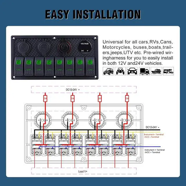 Alt view image 5 of 7 - Marine Switch Panel, 8 Gang Rocker Switch Panel12/24V Toggle Switch Panel with LED Digital Voltmeter 3.1A Dual USB Charger for Automotive Cars Marine Boats RV (Green, 8 Gang)