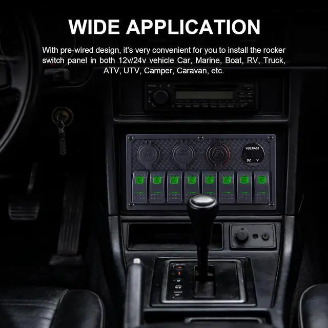 Alt view image 7 of 7 - Marine Switch Panel, 8 Gang Rocker Switch Panel12/24V Toggle Switch Panel with LED Digital Voltmeter 3.1A Dual USB Charger for Automotive Cars Marine Boats RV (Green, 8 Gang)