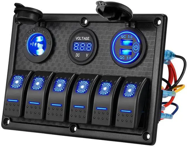 Main image of 6 Gang 12V Marine Boat Rocker Switch Panel Waterproof + USB Switch