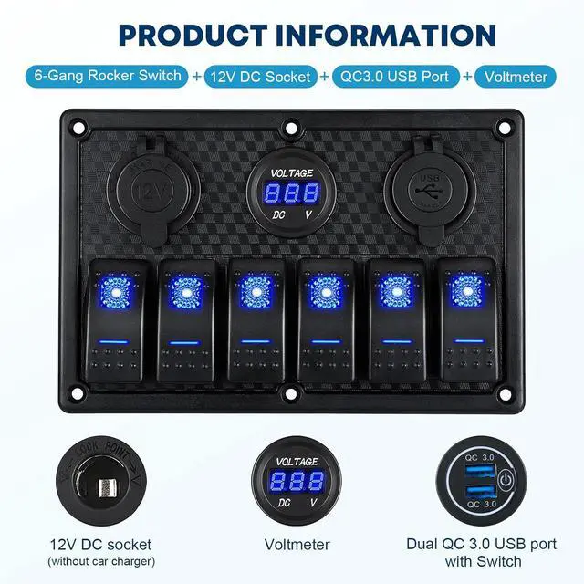 Alt view image 3 of 7 - 6 Gang 12V Marine Boat Rocker Switch Panel Waterproof + USB Switch