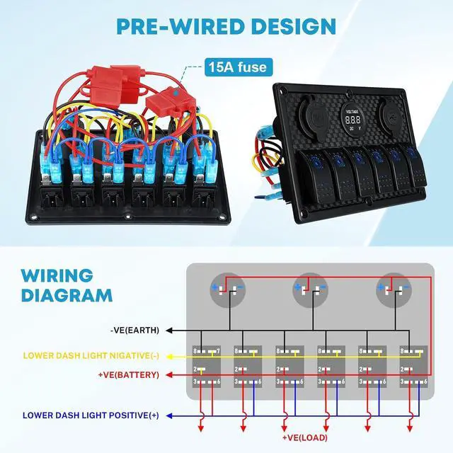 Alt view image 5 of 7 - 6 Gang 12V Marine Boat Rocker Switch Panel Waterproof + USB Switch