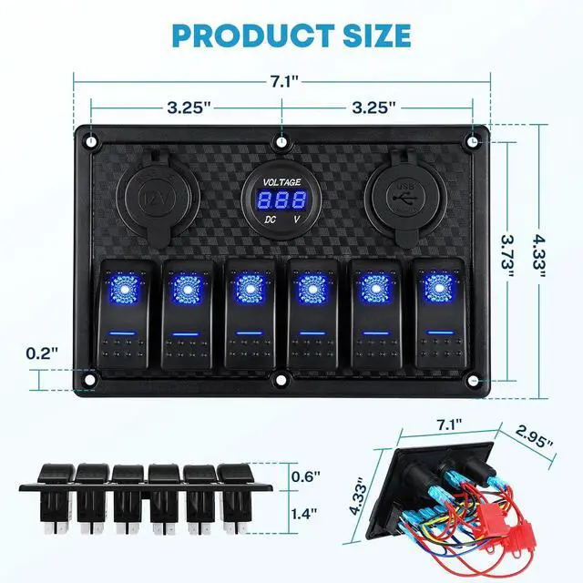 Alt view image 6 of 7 - 6 Gang 12V Marine Boat Rocker Switch Panel Waterproof + USB Switch