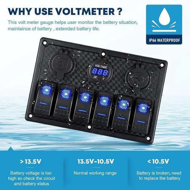 Alt view image 4 of 7 - 6 Gang 12V Marine Boat Rocker Switch Panel Waterproof + USB Switch