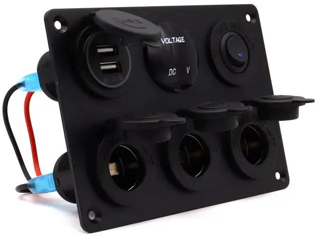 Main image of Dual USB Charger Socket Panel for Car, Waterproof 3-Socket 12V Cigarette Lighter Power Outlet Adapter & LED Voltmeter & ON-Off Toggle Switch Multi-Functions Panel for Boat Car RV Truck, for 12-24V Car