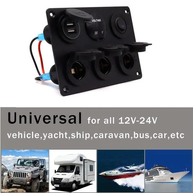 Alt view image 6 of 7 - Dual USB Charger Socket Panel for Car, Waterproof 3-Socket 12V Cigarette Lighter Power Outlet Adapter & LED Voltmeter & ON-Off Toggle Switch Multi-Functions Panel for Boat Car RV Truck, for 12-24V Car