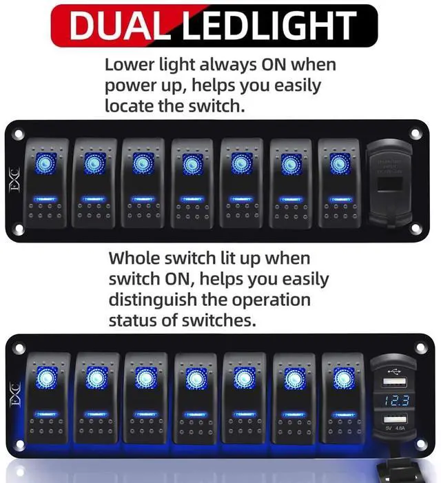 Alt view image 2 of 7 - Purishion 7 Gang Rocker Switch Aluminum Panel with Voltmeter & Dual USB(4.8 Amps) Fast Charging, Blue Backlit Led, Pre-Wired IP65 Waterproof for Marine, Boat, Car, Truck, Polaris, Jeep (Blue)